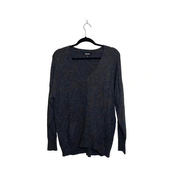Express Dark Gray V-neck Oversized Plush Pullover Tunic Sweater Small Women’s - Picture 1 of 10
